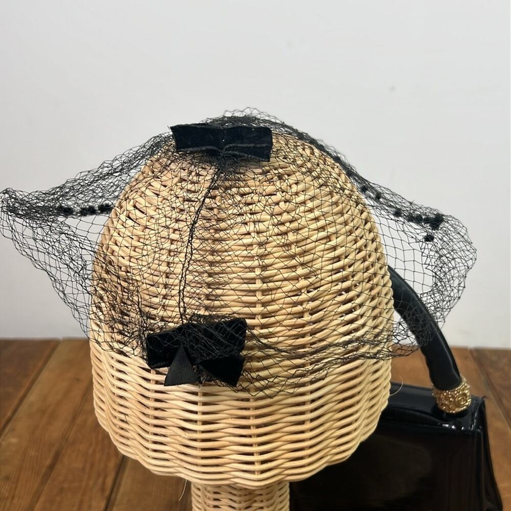 Vintage 1960s Elegant Black Net Hat hair piece bows and rhinestones - Picture 2 of 5